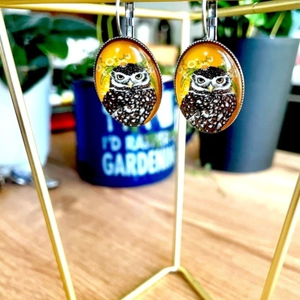 Retro Owl Print Stainless Steel French Clasp Earrings, NWT, Handmade